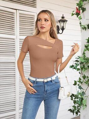 New Short Sleeve Ribbed Slim Bodycon Square Neck T Shirt